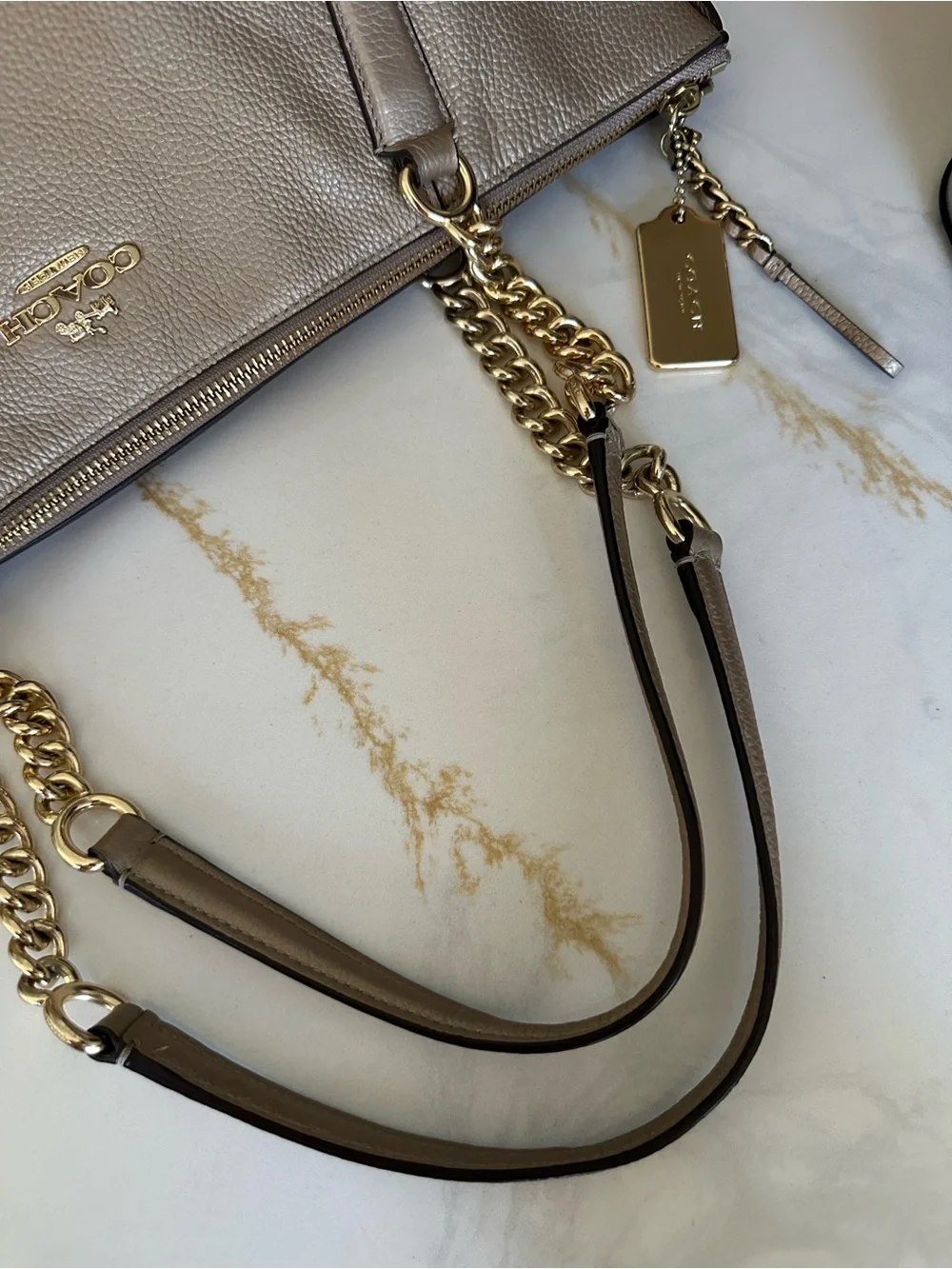 Coach Ava Champagne Gold Pebble‎ Leather Chain Tote Zip Top Shoulder Bag Large